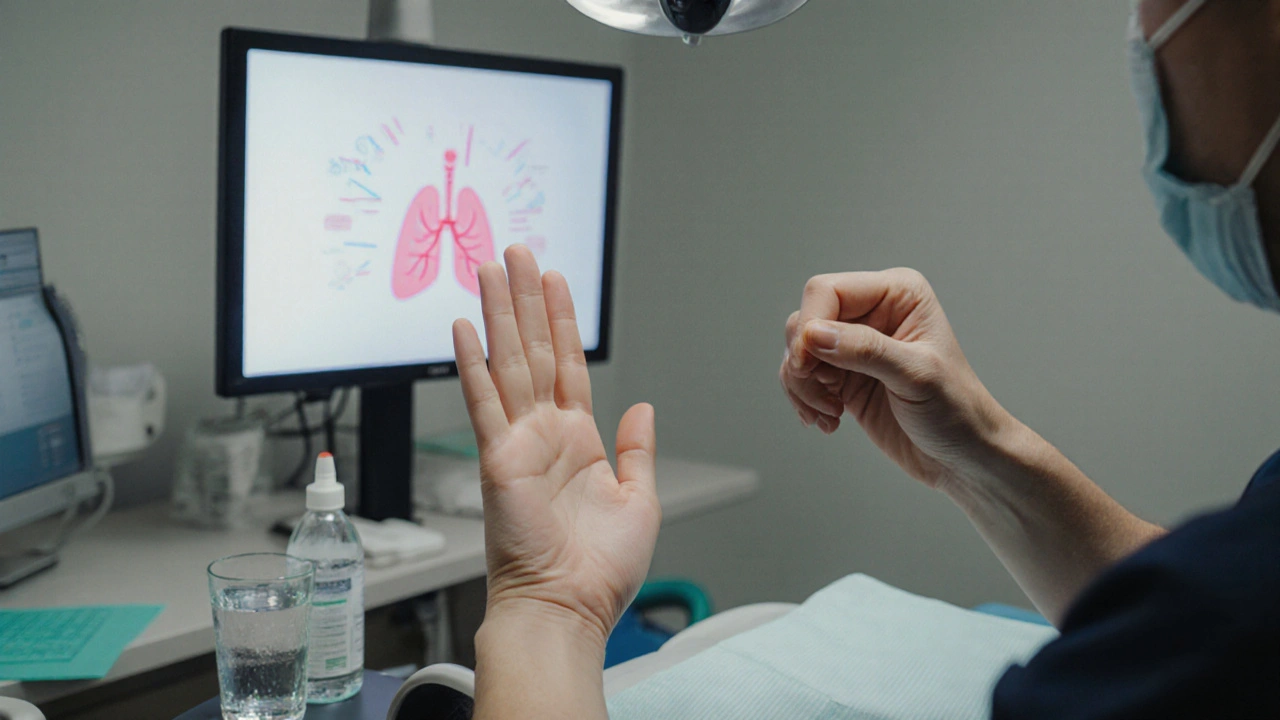 Ruka zvednutá jako signál k zastavení, zubní lékař přestal s léčbou.