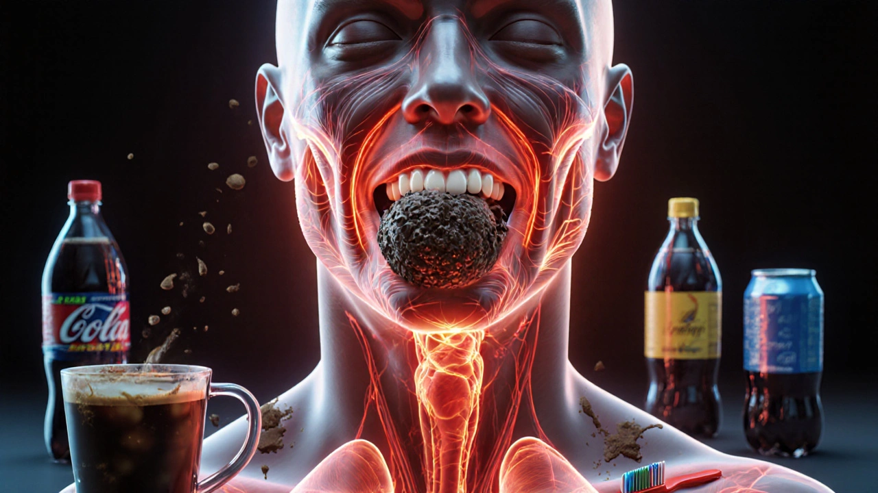 Tělo sportovce s červenými zánětlivými signály šířícími se z úst do svalů.