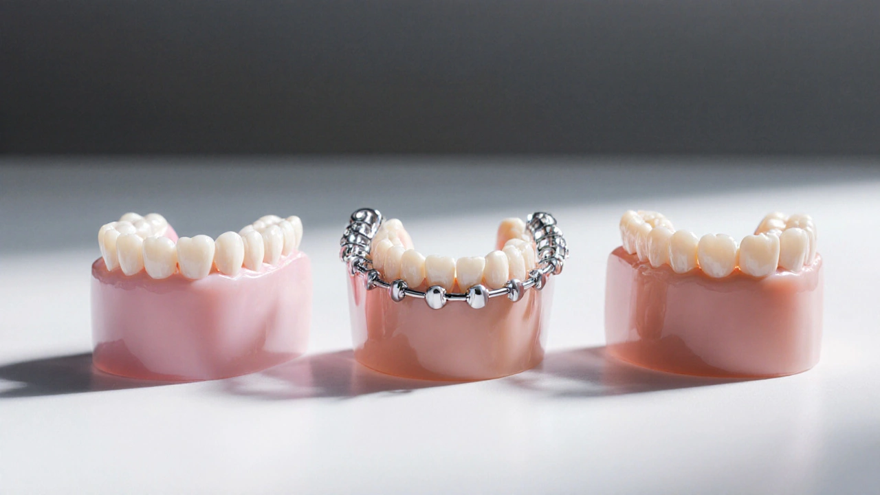 Tři typy odstraňovatelných zubních protéz: akrylová, kovová a flexibilní, vystavené na bílém pozadí.