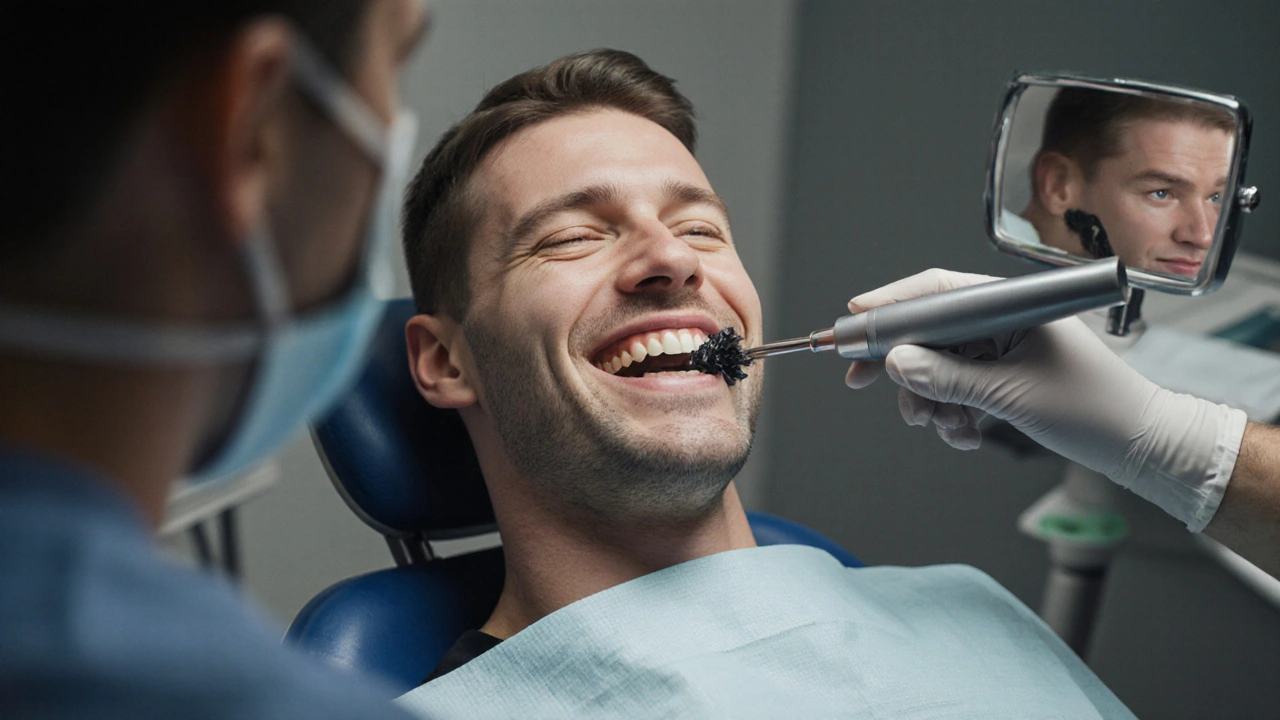 Zubař odstraňuje černý zubní kámen z dolních zubů sportovce.