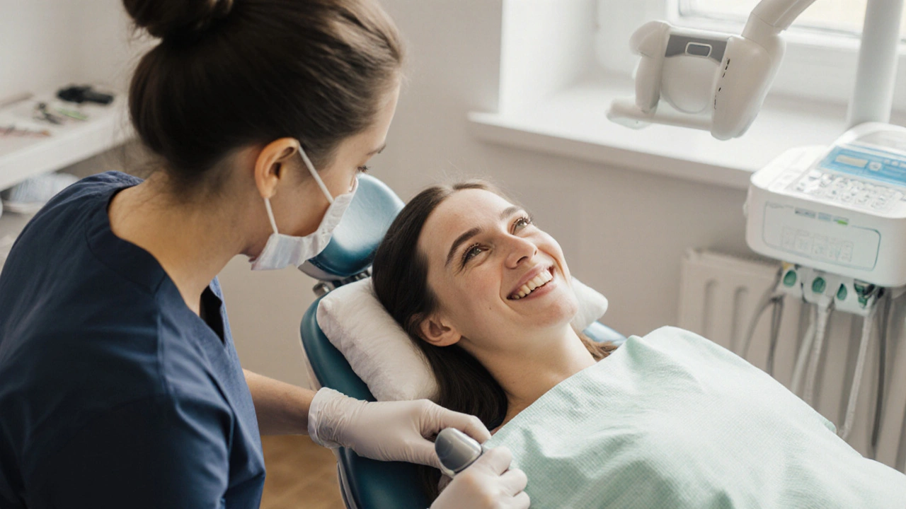 Zubní hygienička očišťuje zuby těhotné pacientce v klinice, bezpečně a s péčí.