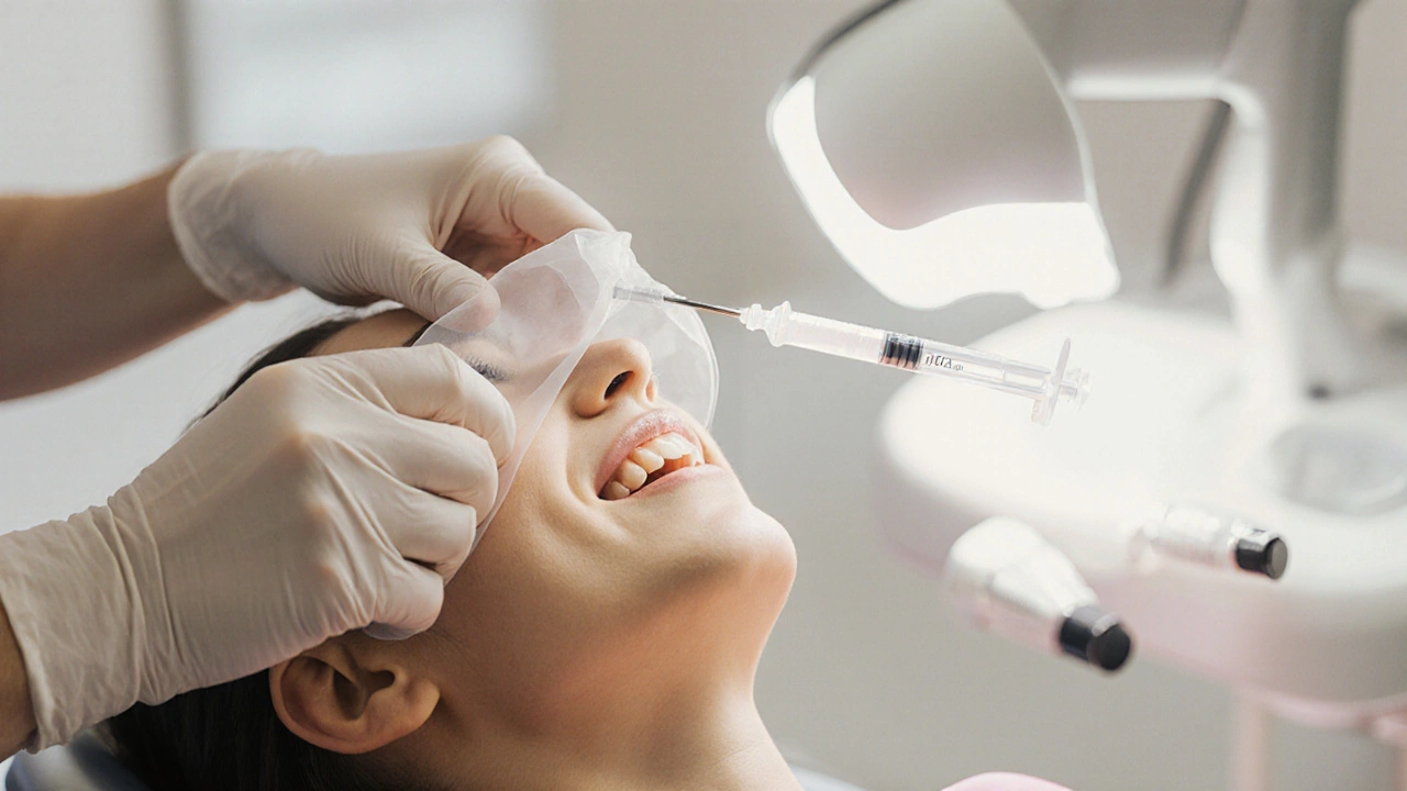 Zubní lékař aplikuje ochranný gel při profesionálním bělení zubů.