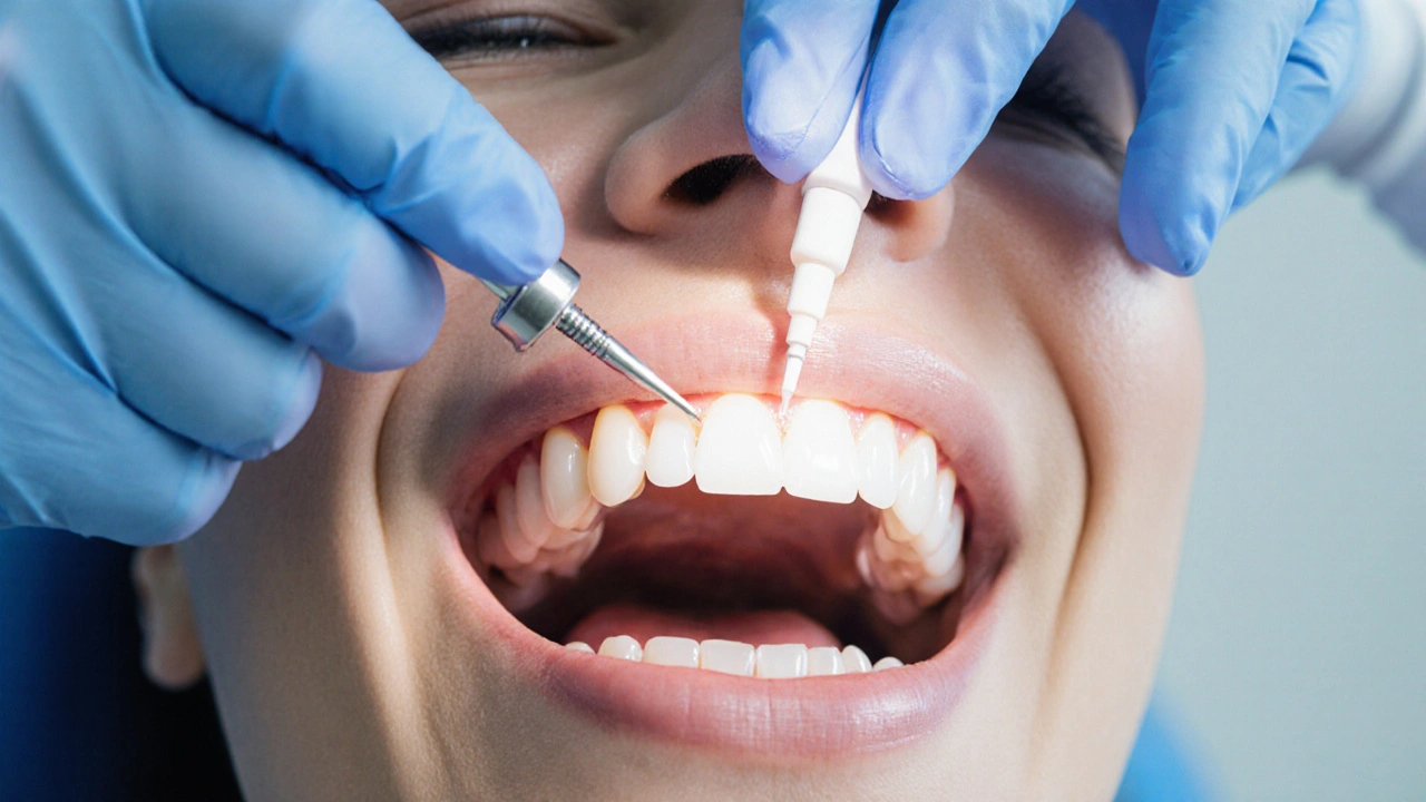 Zubní lékař přilepuje zubní můstek pomocí speciálního cementu.