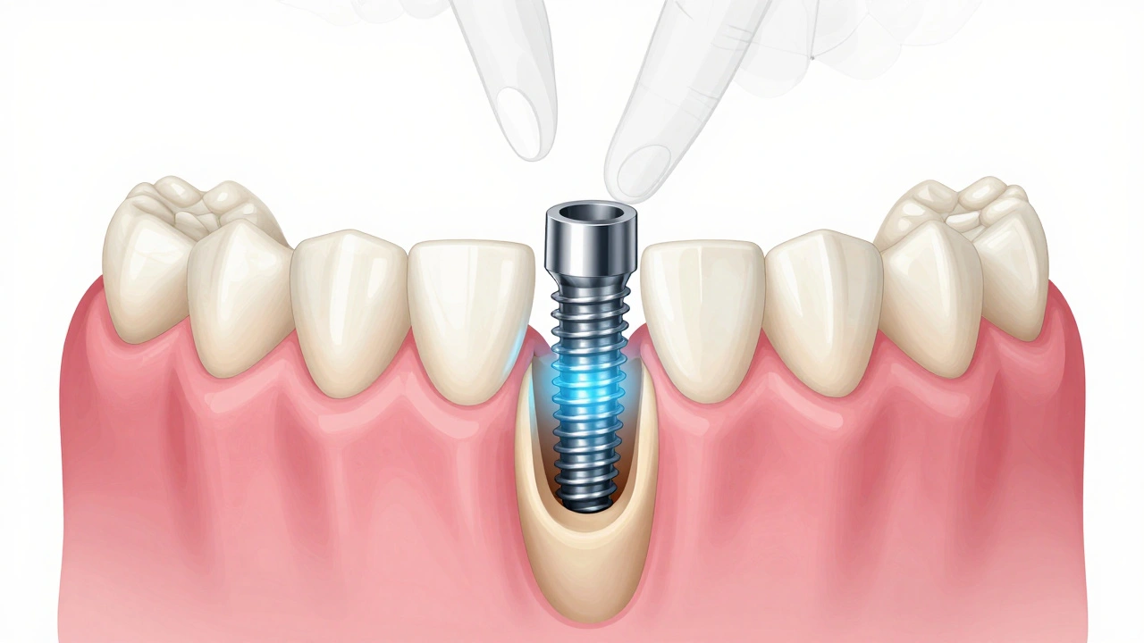 Chirurgický vklad implantátu do čelisti s viditelným spojením s kostí.