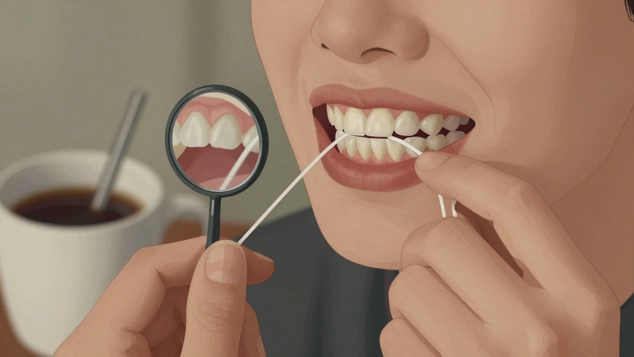 Člověk opatrně čistí mezery mezi zuby s fazetami pomocí zubní niti