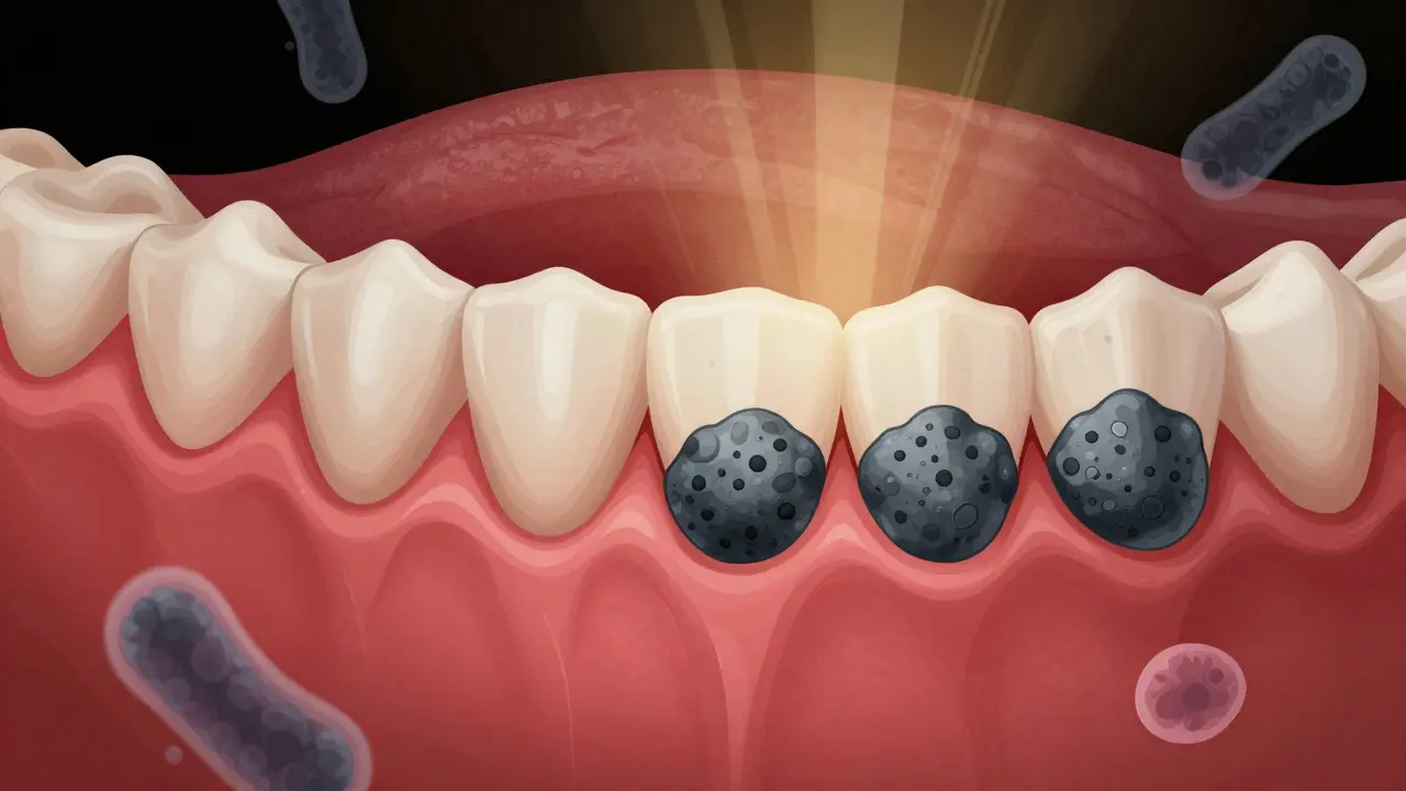 Cross-section of gums showing hidden calculus and bacteria beneath inflamed tissue.