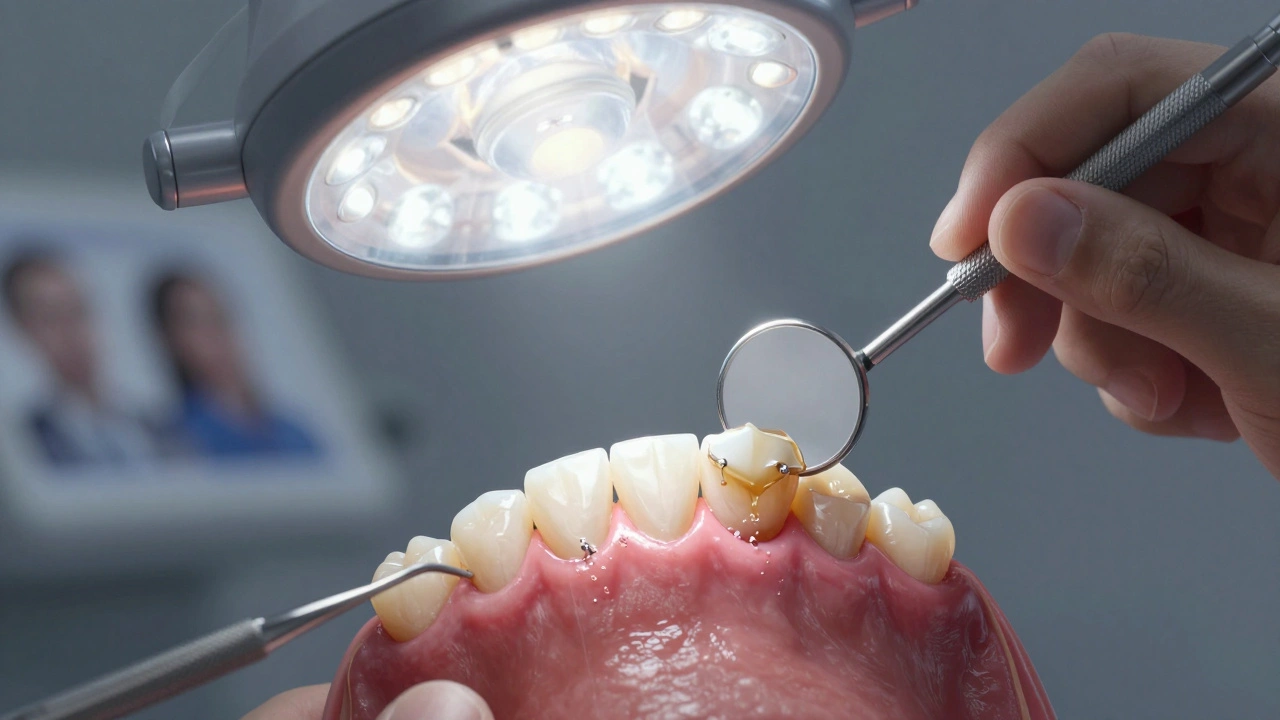 Dentista prohlíží přebytek lepidla pod keramickou fazetou pomocí zrcátka.