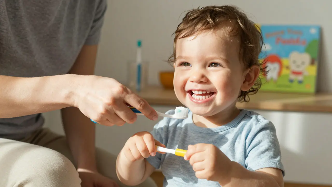 Dítě se směje, když mu rodič čistí zuby malým kartáčkem s fluoridovou pastou.