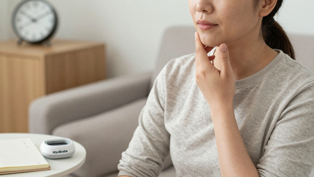 Dospělý provádí myofunkční cvičení doma bez zařízení.