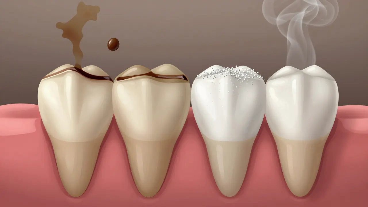 Dva zuby vedle sebe: jeden s tmavým plakem, druhý po čištění bělící pastou.