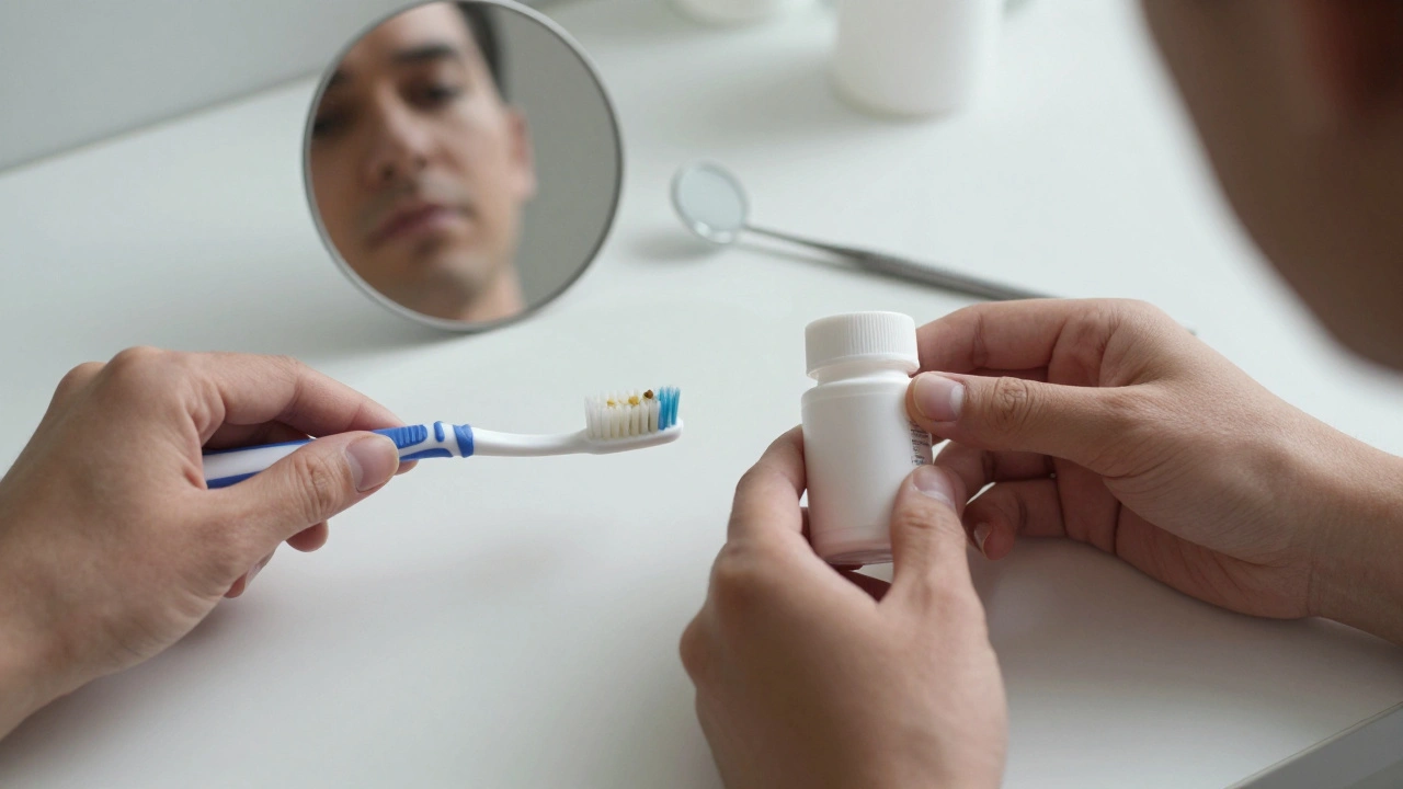 Dvě ruce s kartáčkem a léky na bílém pozadí, zrcadlo odráží klidnou tvář pacienta.