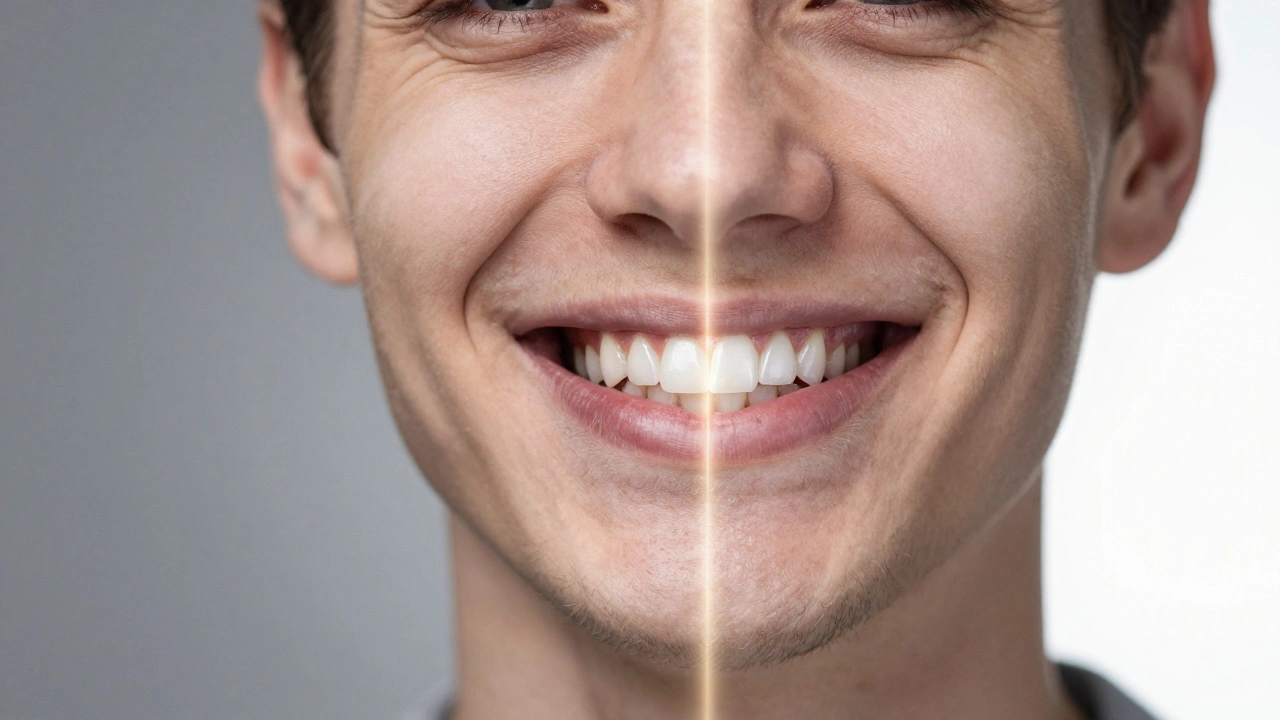 Dvojí obličej: jedna strana s poškozenými zuby, druhá s bílými veneery.