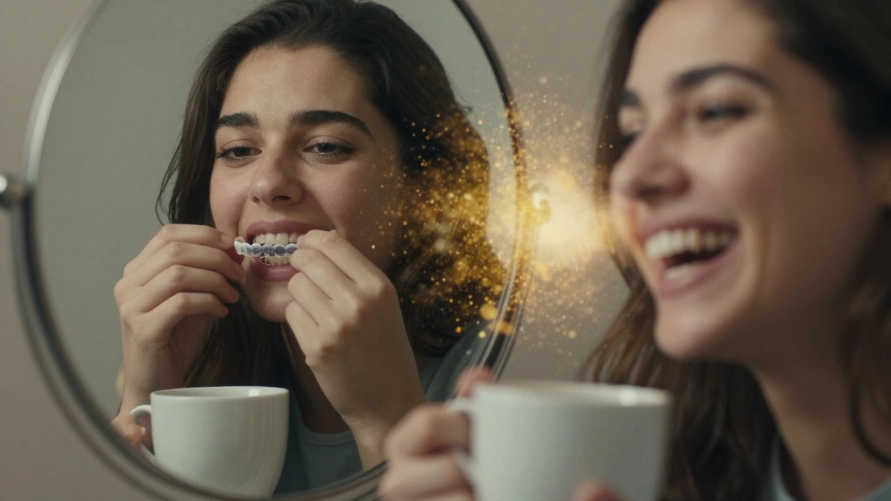 Dvojí obraz: jeden stranou s vyjmutými zuby, druhou s plným přirozeným úsměvem.