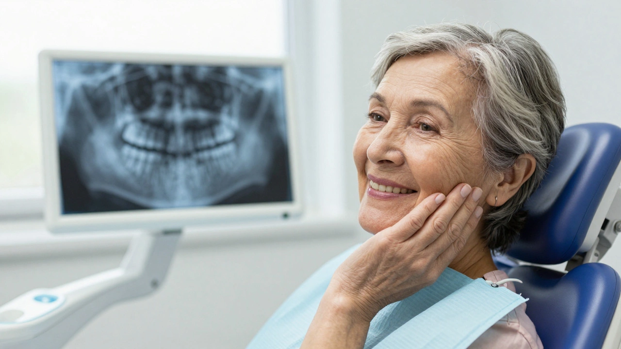 Elderly woman smiling with an X-ray showing a long-lasting amalgam filling.