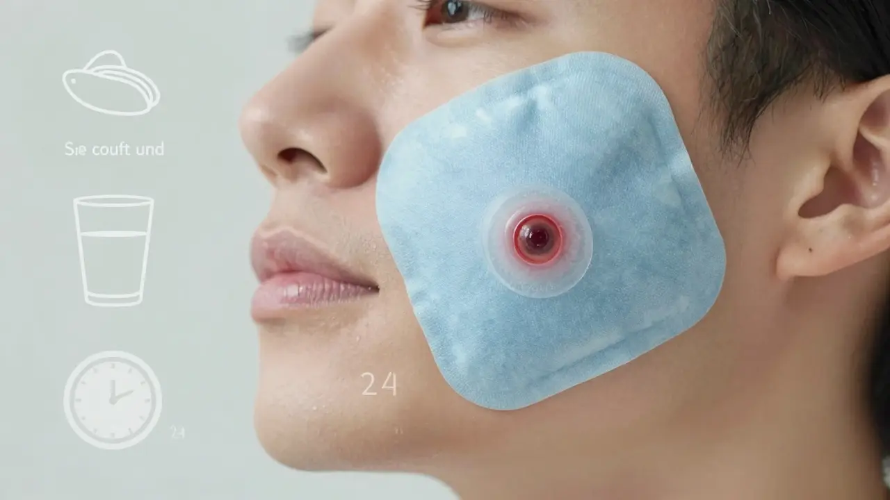 Face with ice pack on cheek after tooth extraction, showing safe recovery.