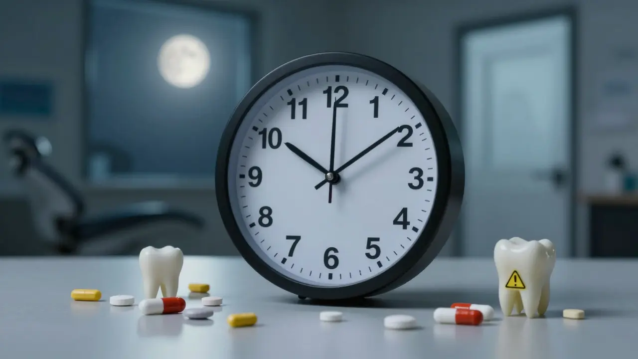Hodiny ukazují půlnoc, kolem nich léky a zub, dveře k zubnímu lékaři v dálce.