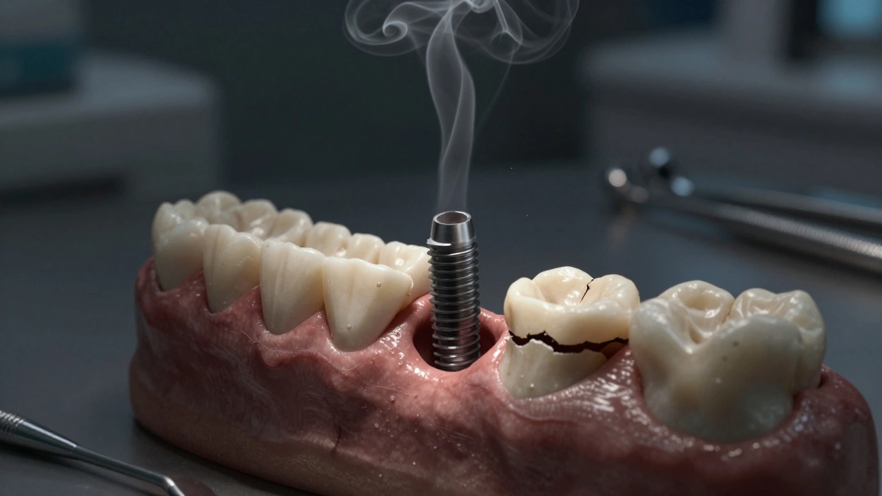 Implantát v nezahojené kosti s kouřem v okolí