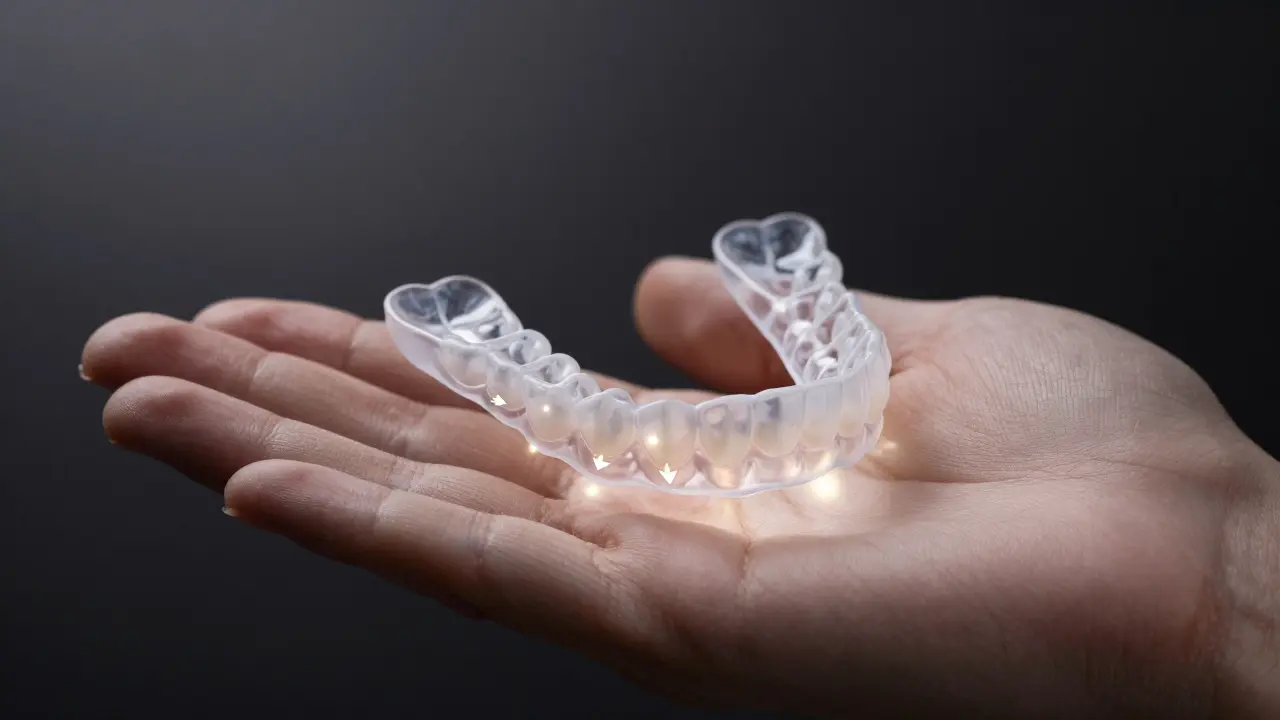 Jasné rovnátka na dlaní s jemnými šipkami ukazujícími pohyb zubů.