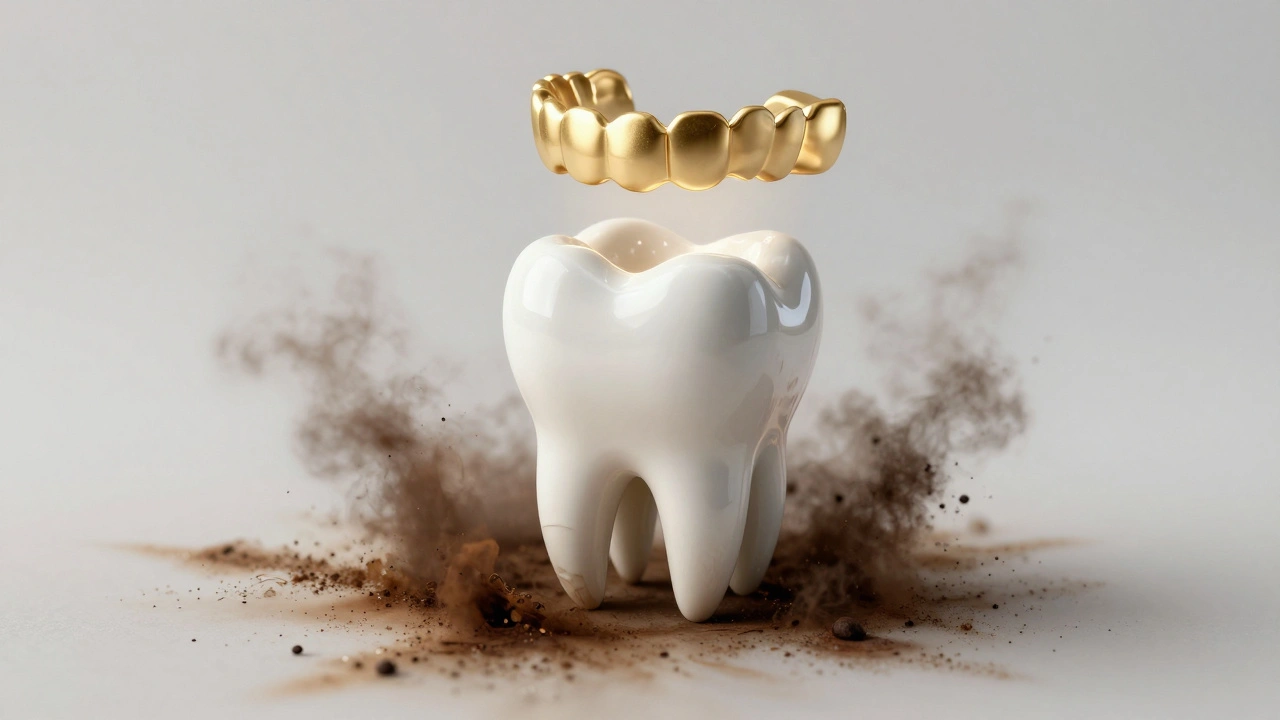 Keramická fazeta jako ochranný štít nad zdravým zubem, symbolizující péči.