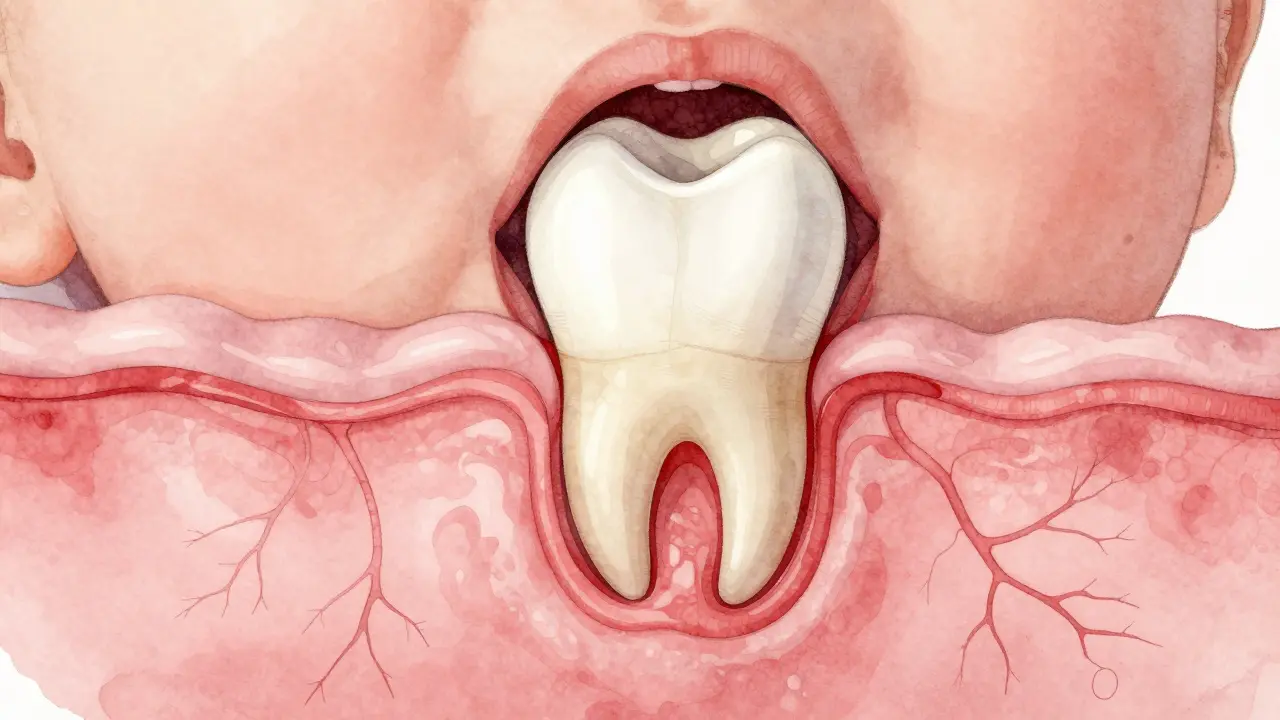 Křehký výřez dásně s prořezávajícím se zoubkem, znázorněný jemnými vodovými barvami.