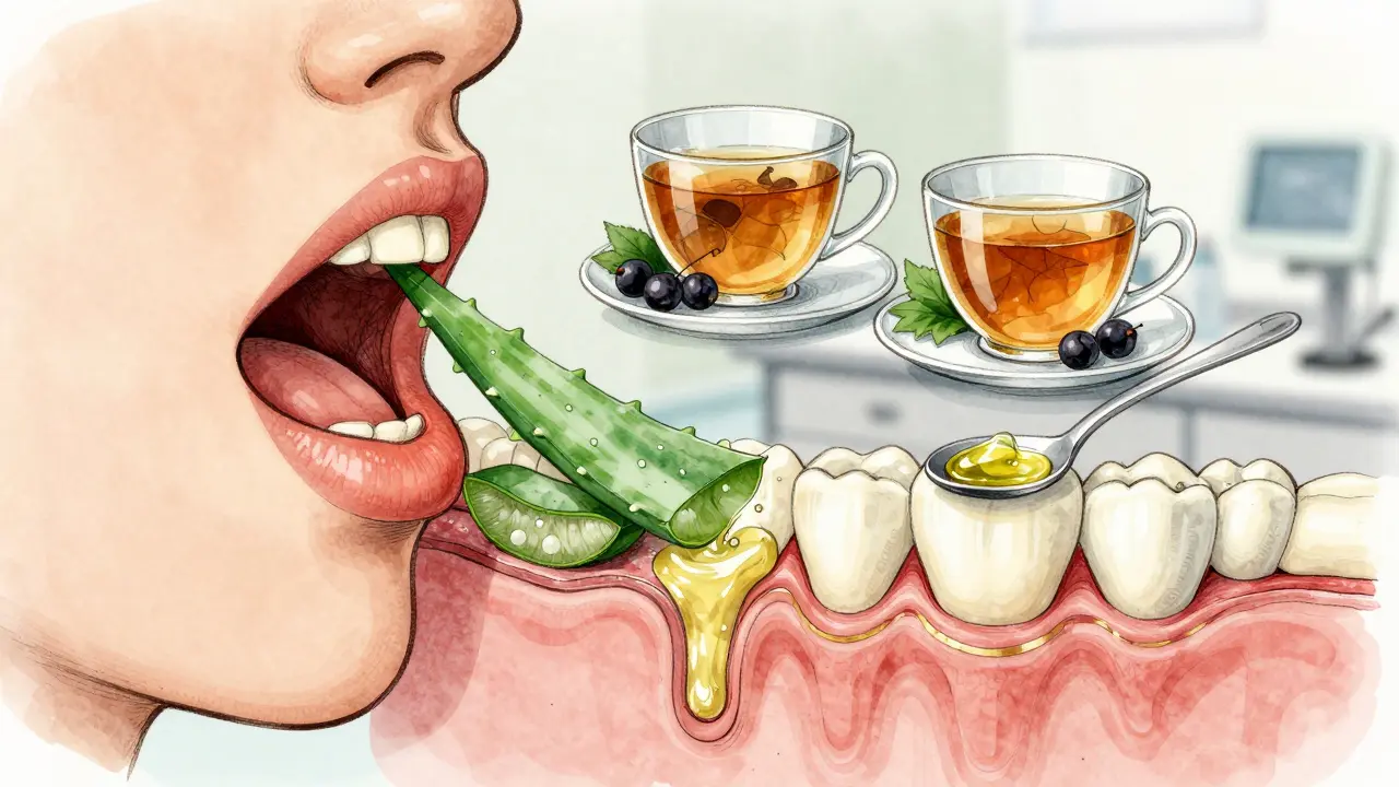 Křížový řez úst s plakem, zubním kamenem a přírodními léčivými prostředky jako aloe vera a olivový olej.