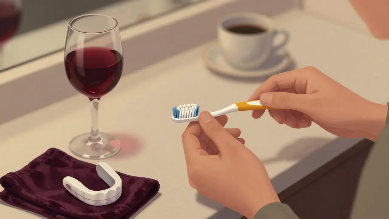 Osoba čistí fazety měkkým kartáčkem, vedle ní stojí víno a noční štít.