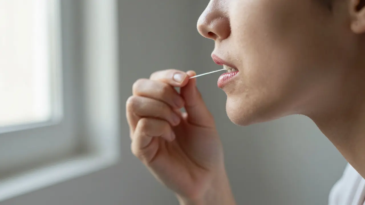 Osoba čistí zuby kartáčkem a nití, viditelný plak mezi zuby