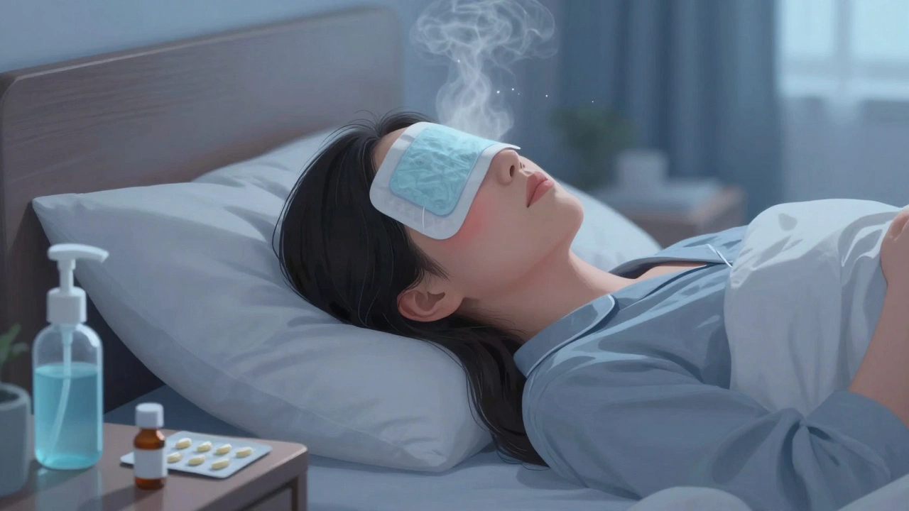 Pacient leží v posteli s hlavou zvednutou, na nočním stolku jsou léky a výplach, jemný parní kompres na obličeji.