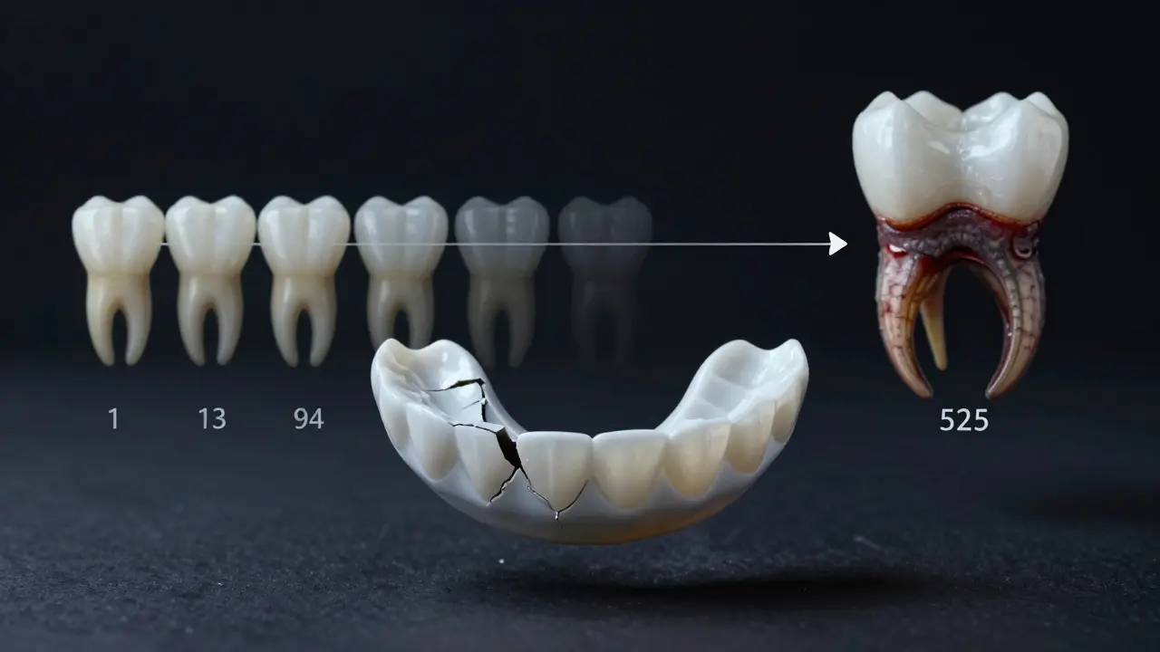 Prasklá fazeta a noční štít jako ochrana proti bruxismu, s ukázkou destrukce zubu pod ní.