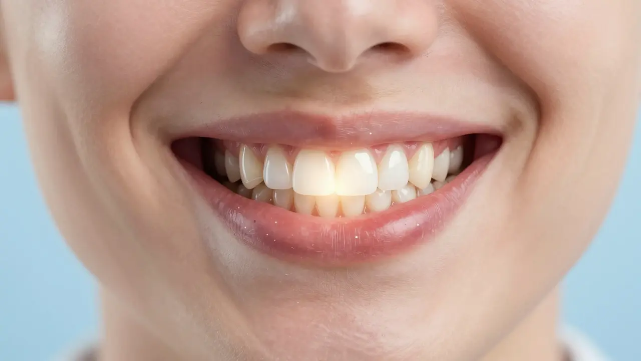 Přehled zubu s průhledným vrstvením: povrchové čištění a hluboké skvrny neovlivněné pastou.