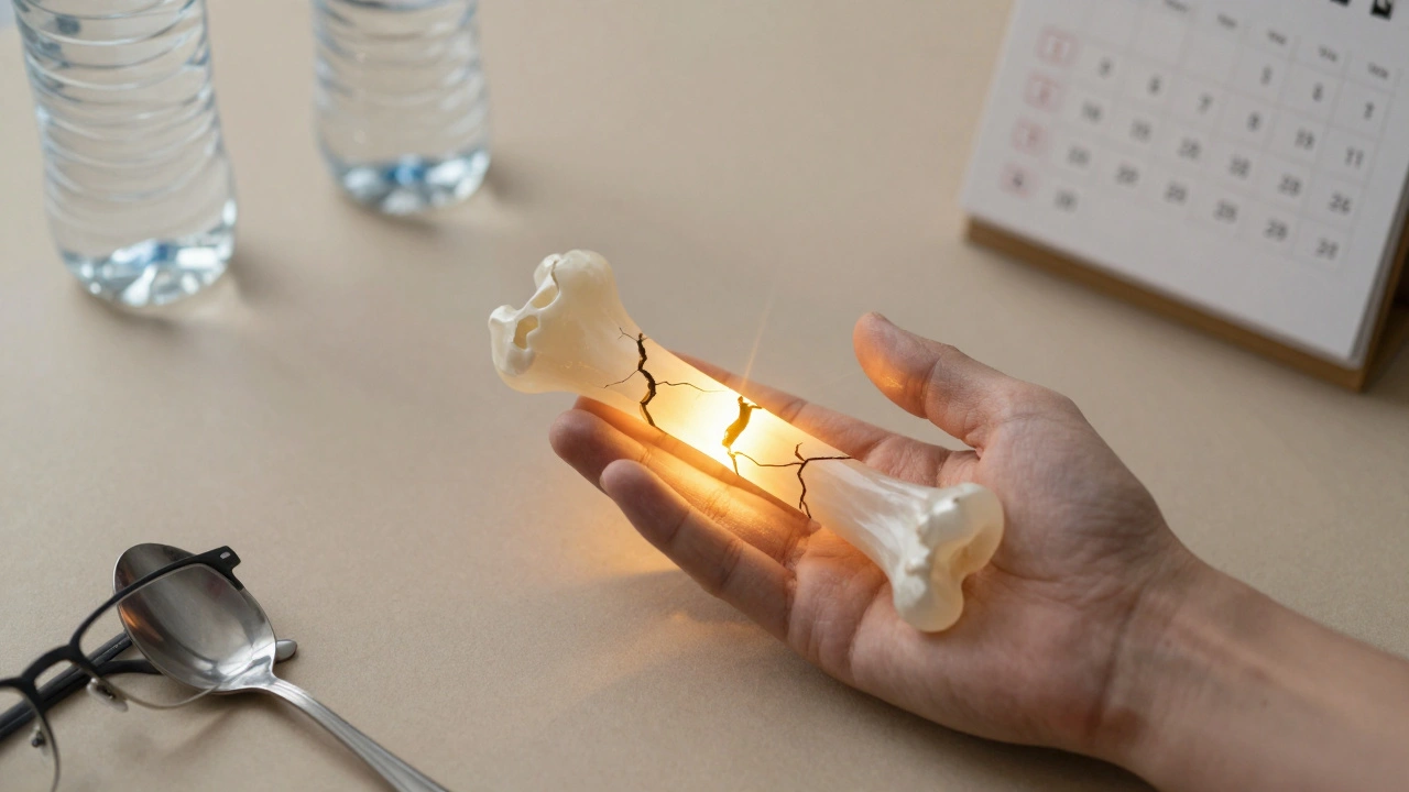 Přehledný model zlomené kosti s zlatým světlem procházejícím trhlinami, symbolizující hojení, kolem něj jsou předměty spojené s rekonvalescencí.