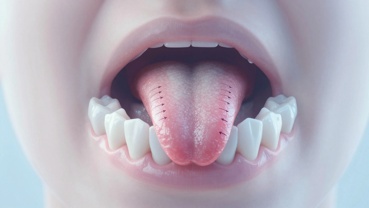 Příčný řez čelistí ukazující jazyk tlačící nahoru a šířící čelist.