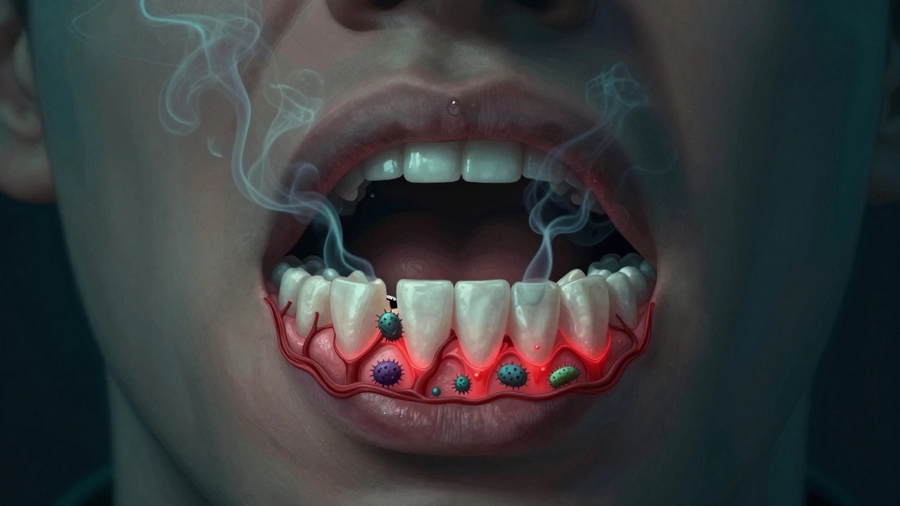 Průřez úst s kouřem poškozujícím kost a dásně