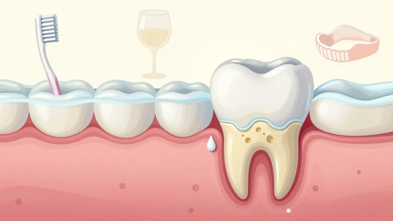 Průřez zubu ukazující tenkou sklovinu a kyselou erzi z nápoje.