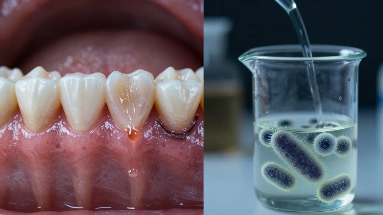 Side-by-side comparison of healthy gums versus gums with calculus and recession.