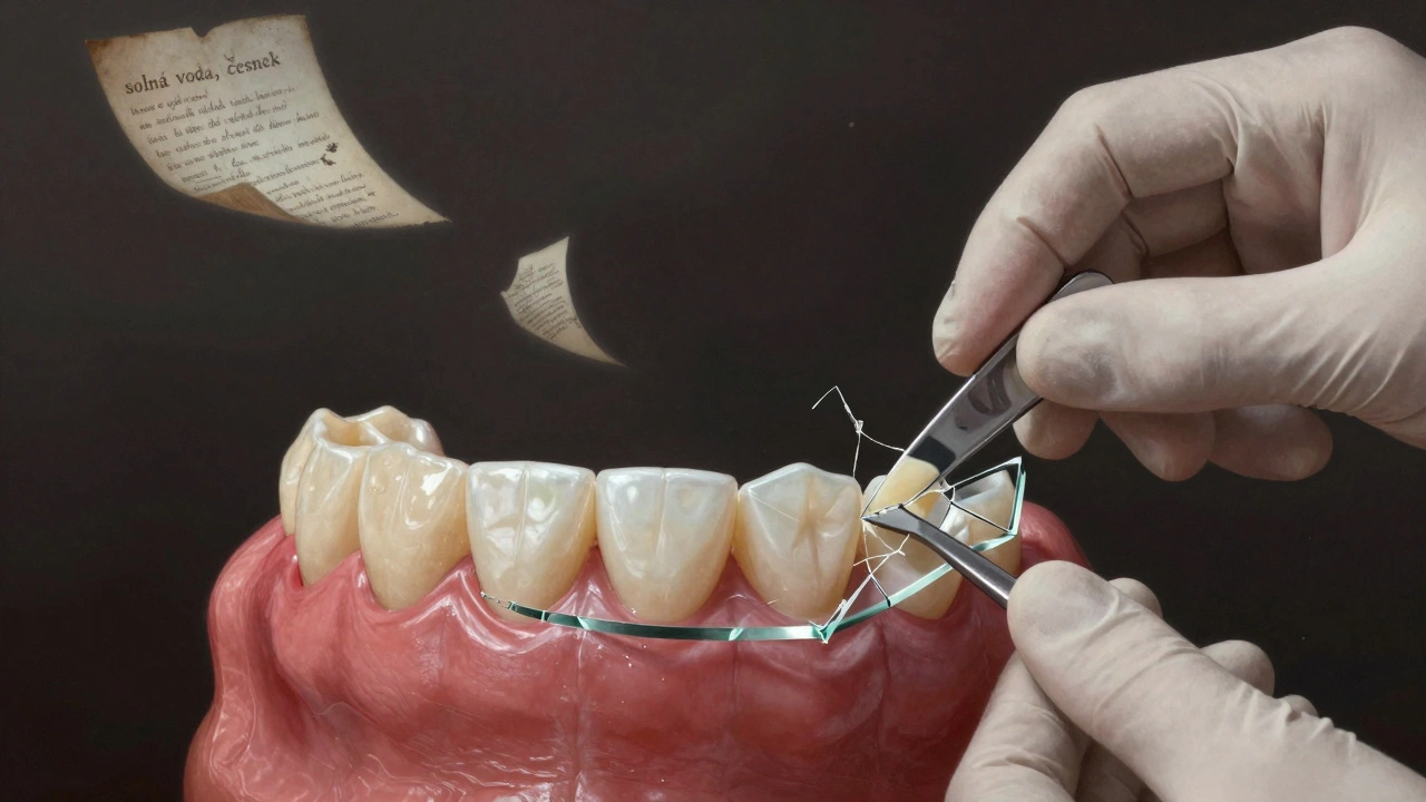 Symbolický obraz: lidové rady odcházejí, zatímco zubní lékař opravuje fazetu.