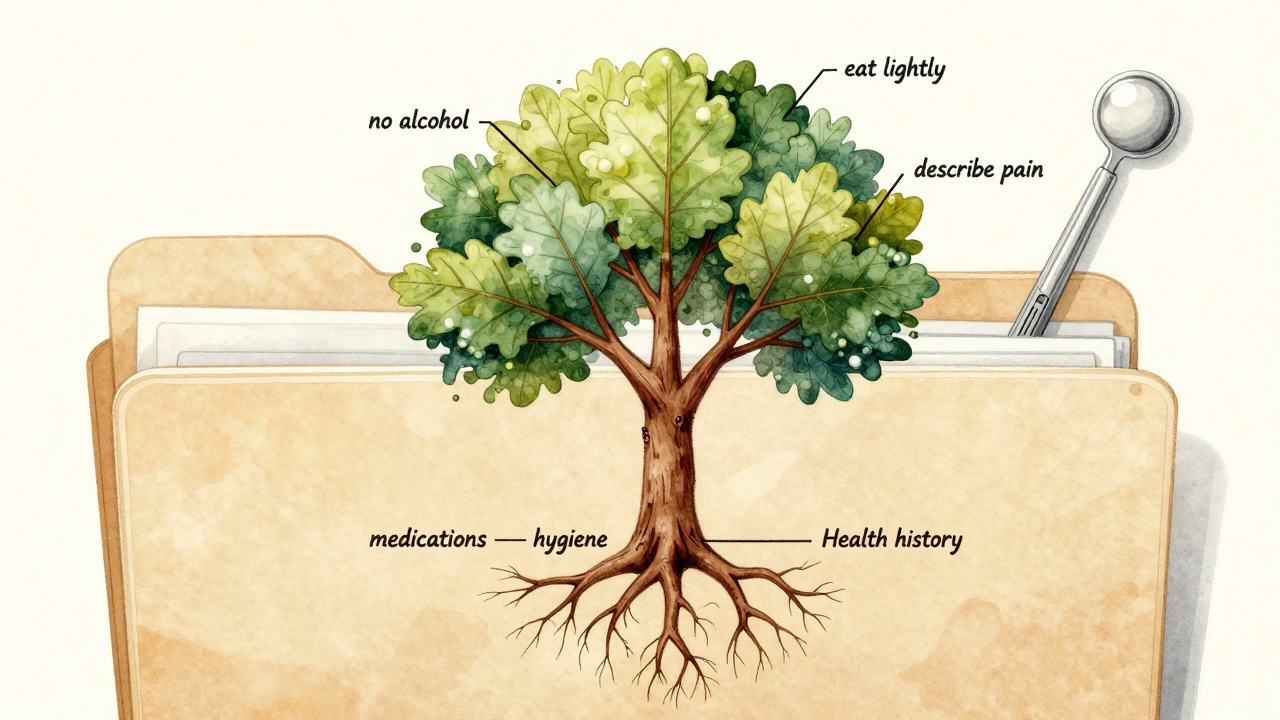 Symbolický strom s kořeny přípravy na zubní léčbu, vystupující z otevřeného zubního souboru.