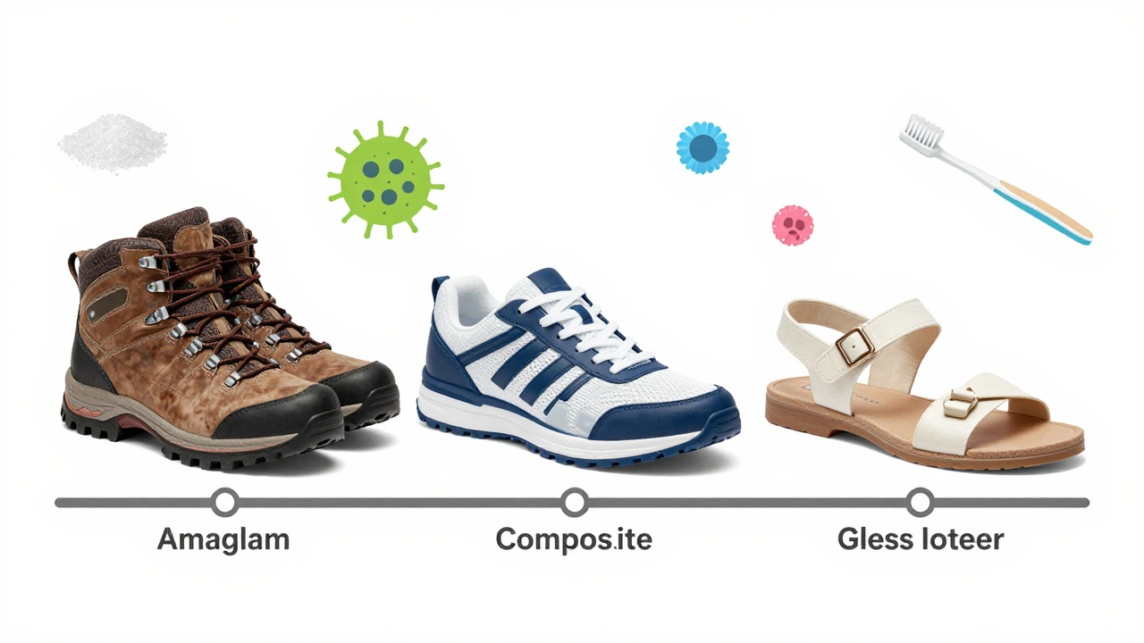 Three types of dental fillings represented as different shoes on a timeline.