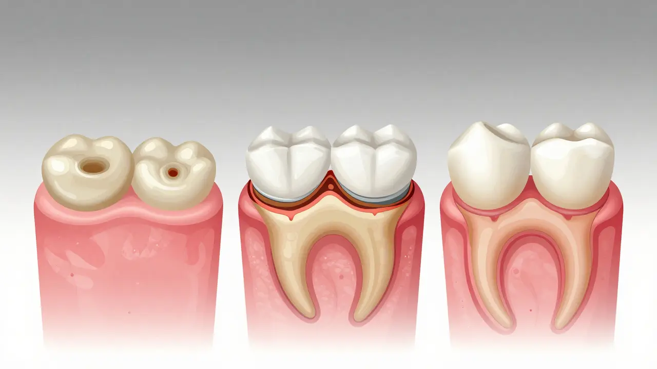 Tři stádia vývoje zubního plaku: měkký film, kámen a zánět dásní