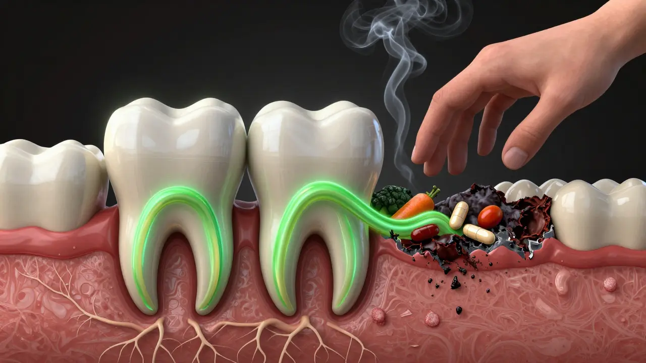 Zdravé dásně jako kořeny kolem zubu, napájené vitamíny, zatímco kámen a kouř jsou odstraněny.