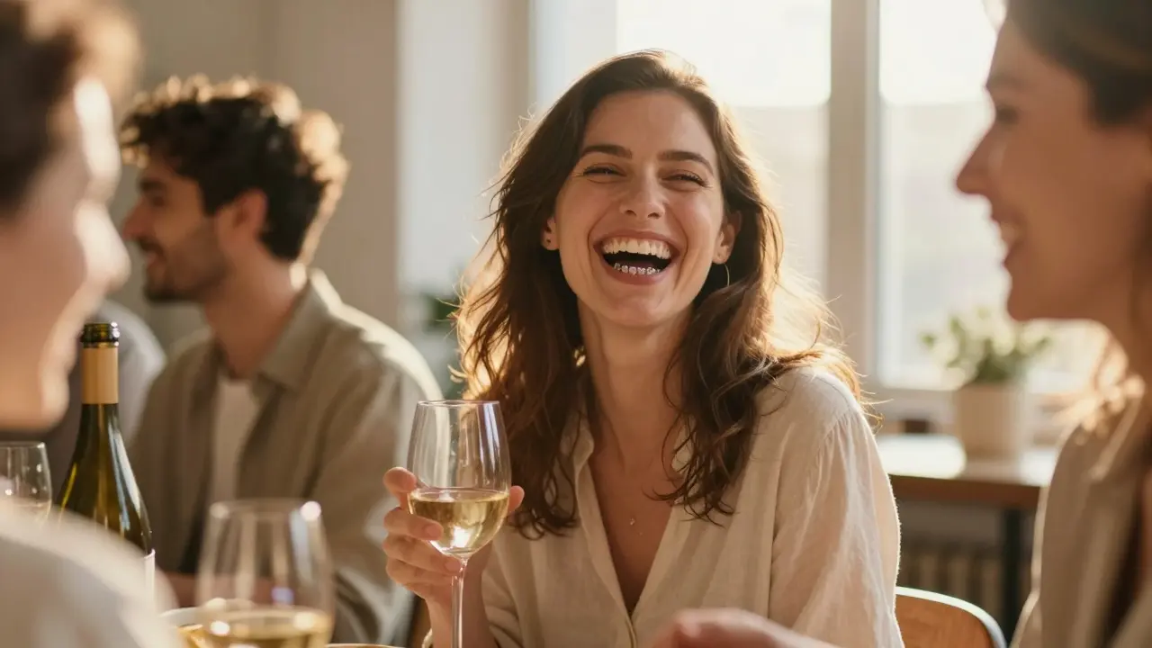 Žena se směje na večírku s viditelnými novými zuby.