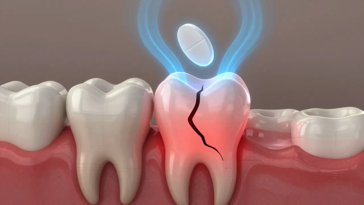 Zub s rozpadající se trhlinou a zánětem, nad ním ibuprofen uklidňující červenou oblast.