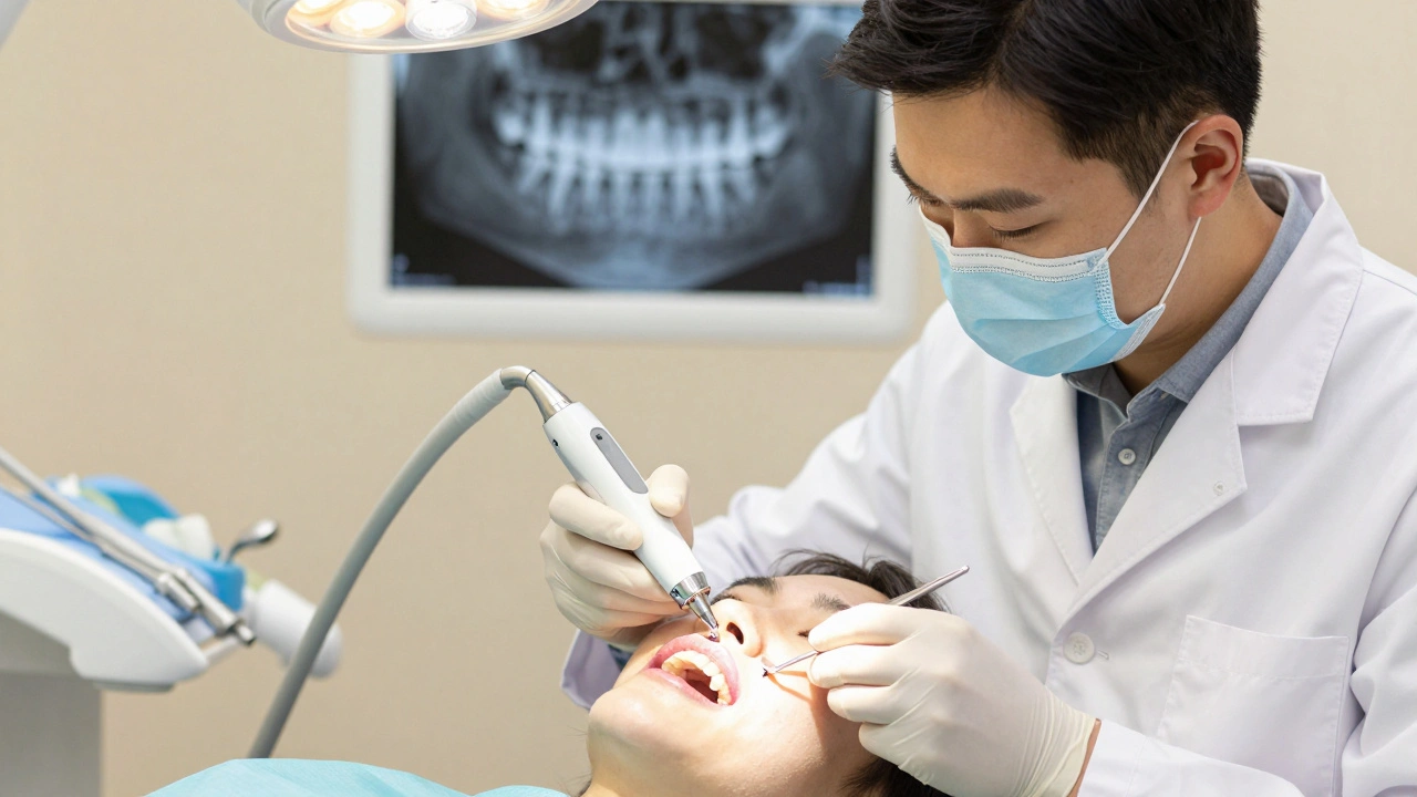 Zubní lékař čistí keramické fazety ultrazvukovým přístrojem v klinice.