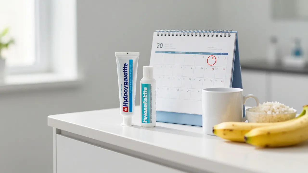 Zubní pasta a jídlo pro bílou dietu na stole v klinice.