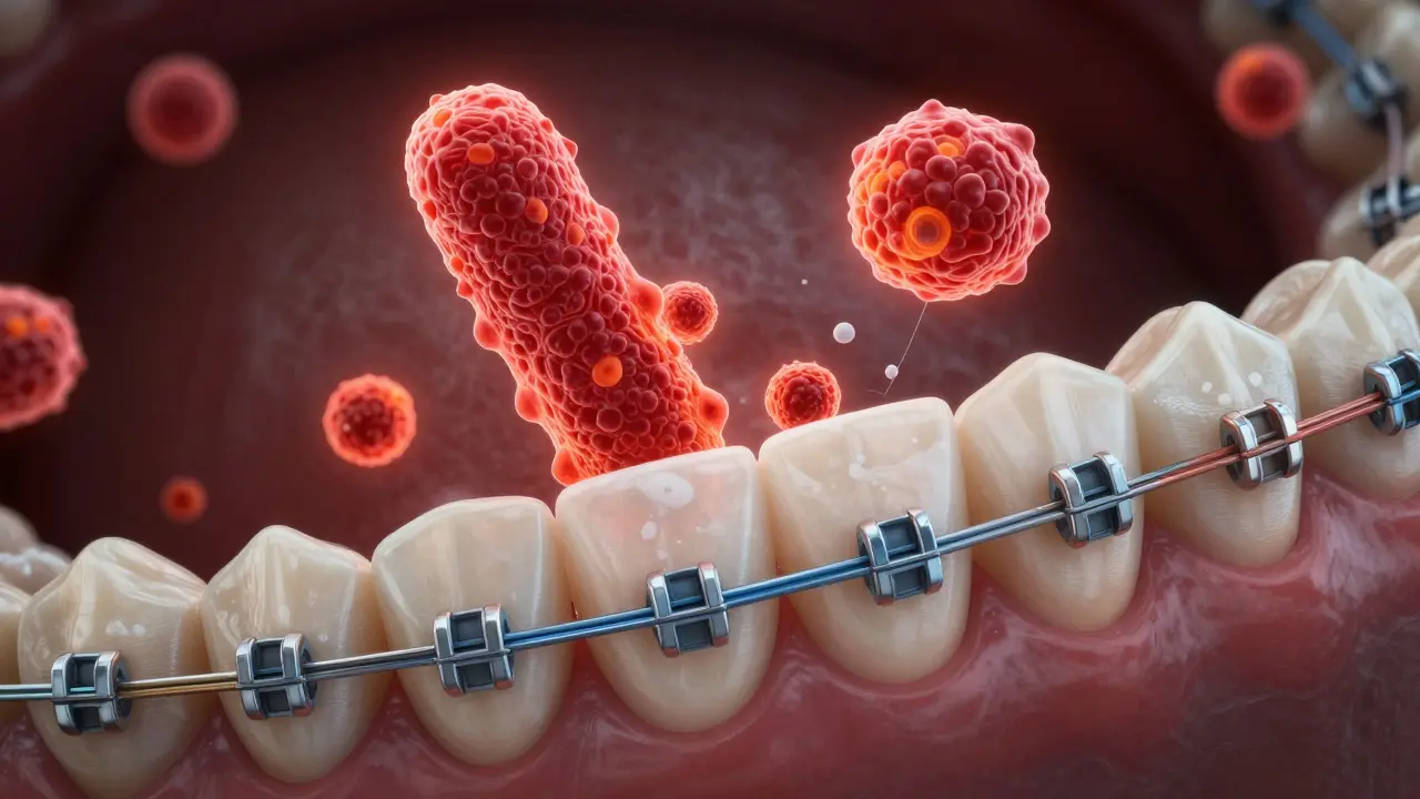 Zubní řetězec s gumičkami a bakteriemi zadrženými mezi dráty, viditelné bílé skvrny na emalu.