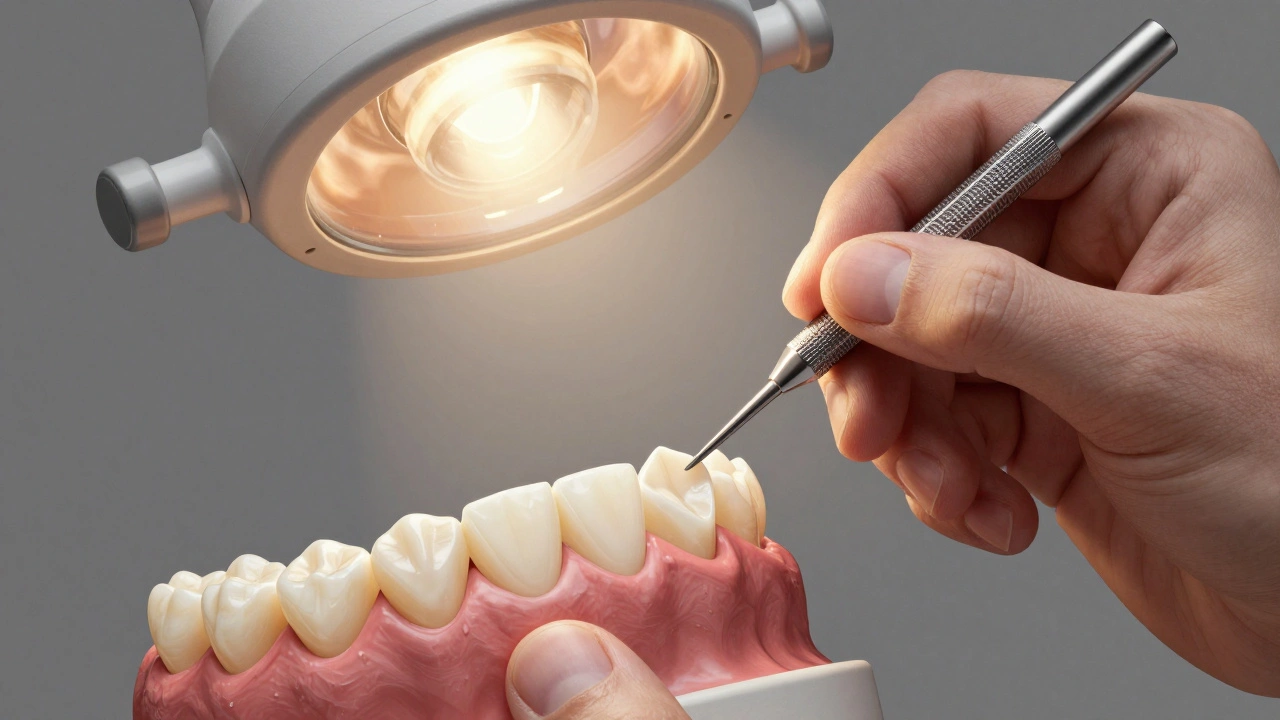 Zubní technik přilepuje tenkou keramickou krytку na připravený zub.