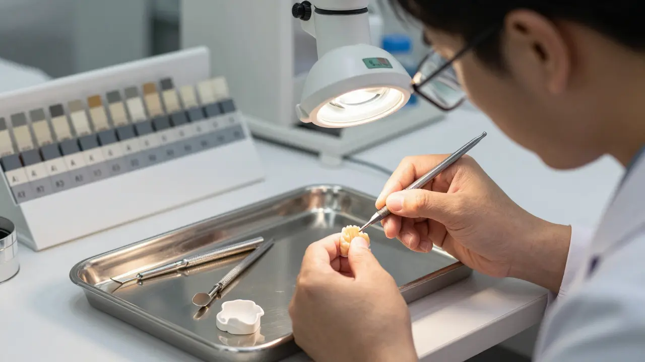 Zubní technik v laboratoři přesně tvaruje keramickou fazetu pod lůžkovým světlem.