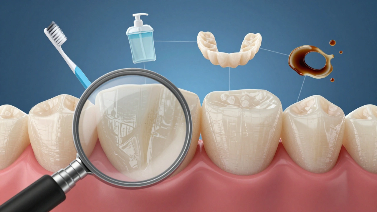 Zvětšený pohled na opotřebovanou a novou kompozitní fazetu s doprovodnými prvky péče