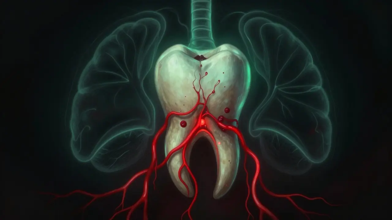 Abstraktní znázornění infekce šířící se z kořene zubu do čelisti a krevního oběhu.