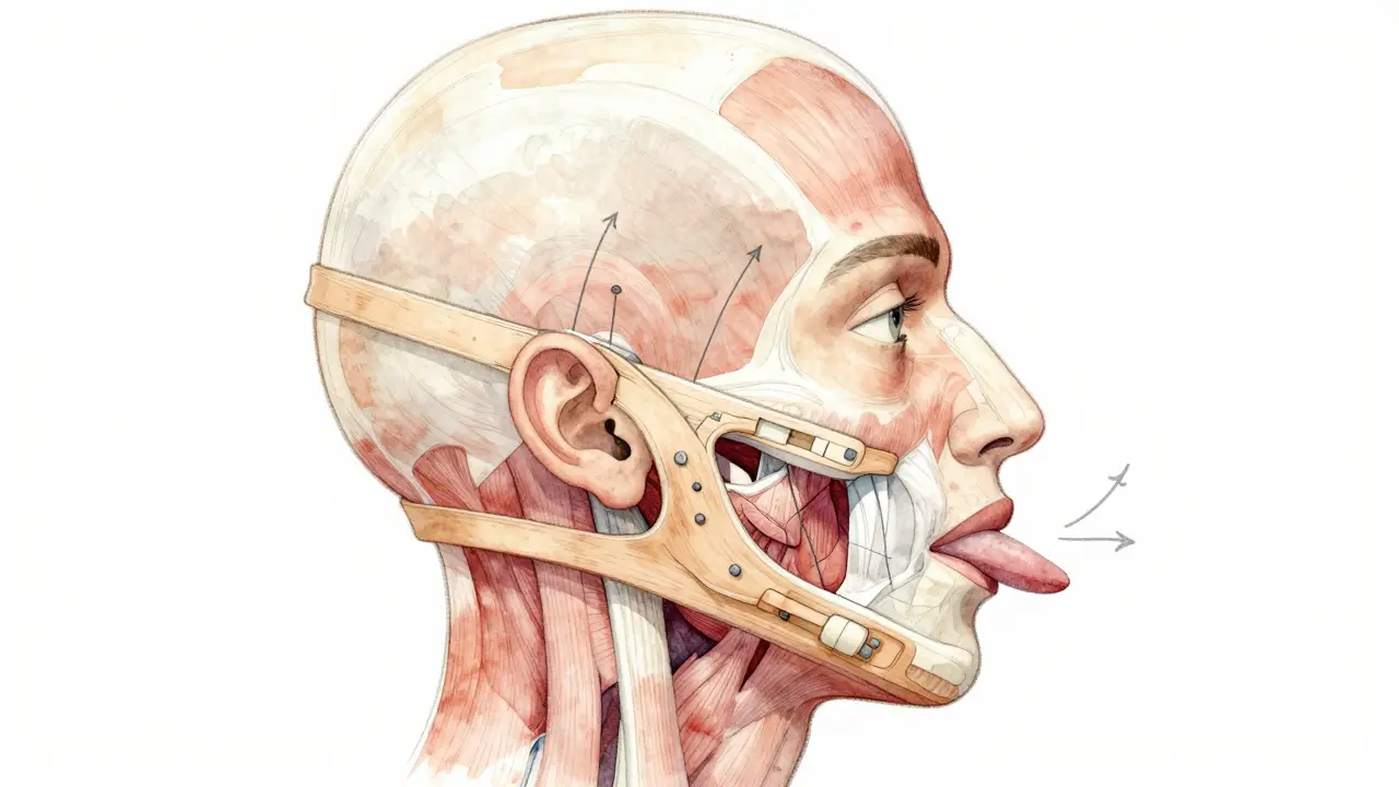 Anatomický náčrt hlavy s rovnátky a zlepšeným dýchacím cestou.